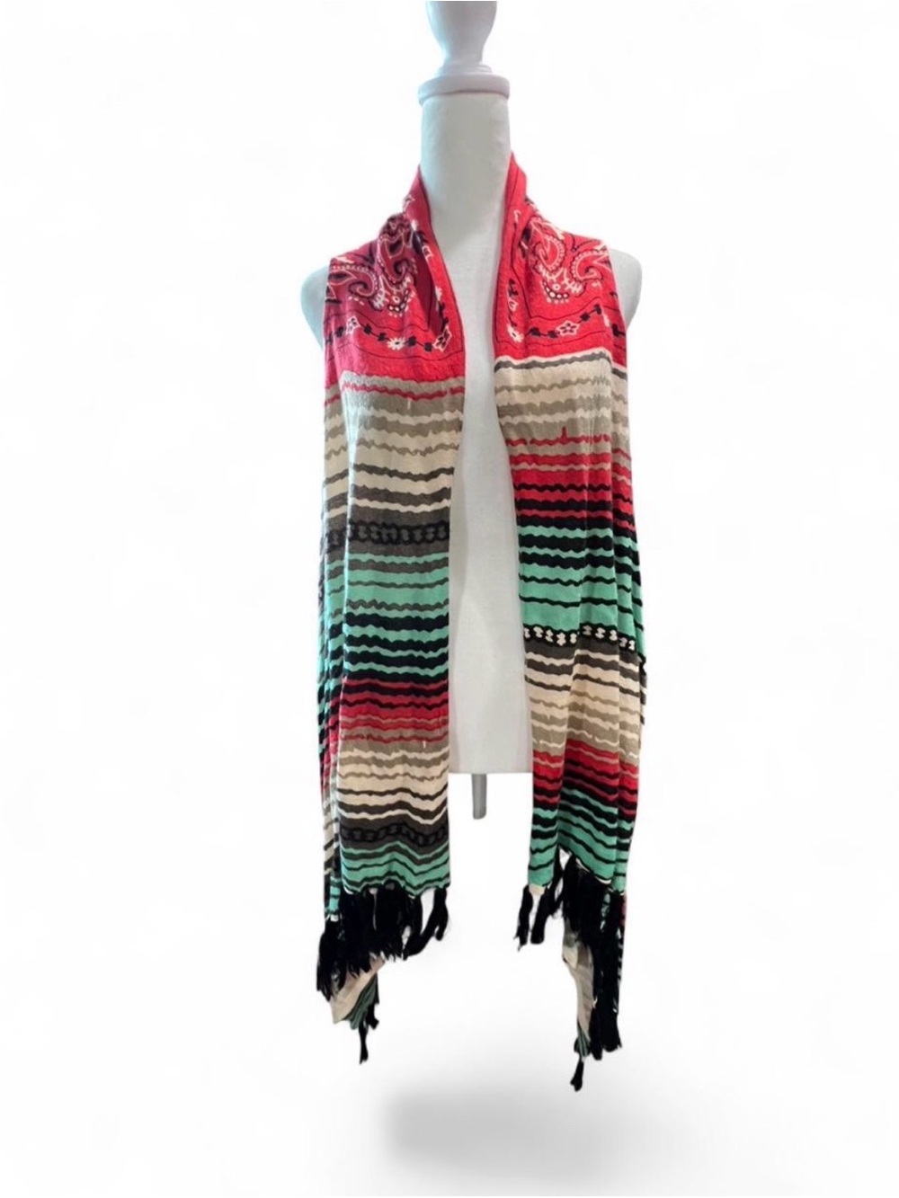 Striped Fringe Multi-Color Women's Sleeveless Cardigan